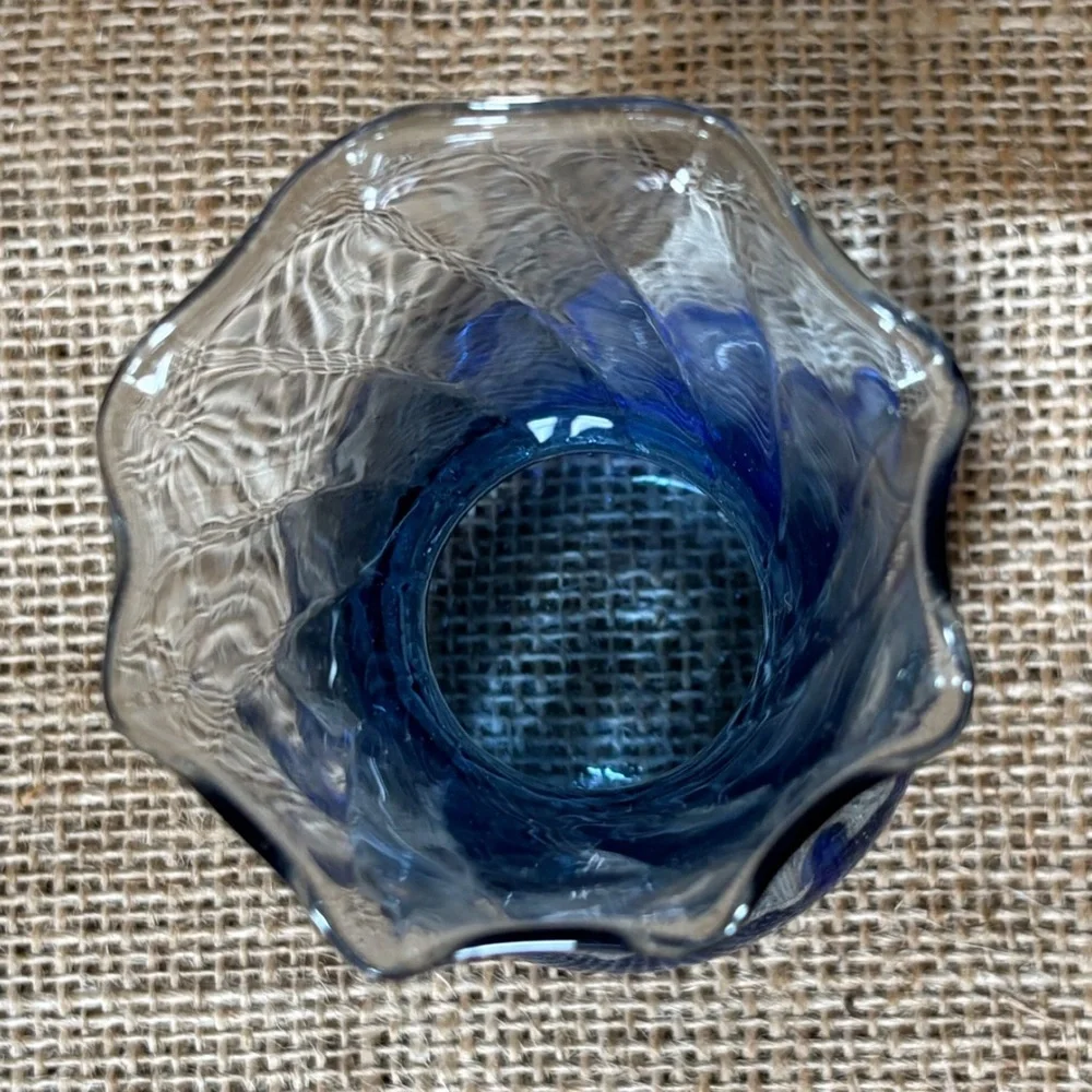 Vintage Miniature Blue Base Tint Vase Ruffle Trim Blown Glass Coastal Fairy Core